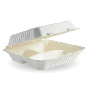 Sugarcane Dinner Box 9'', 3 Compartment WHITE (200/CTN)