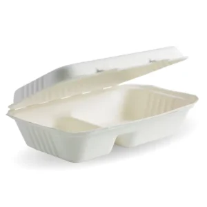 Sugarcane Snack Box 9x6x3", 2 Compartment WHITE BIOPAK (200/CTN)